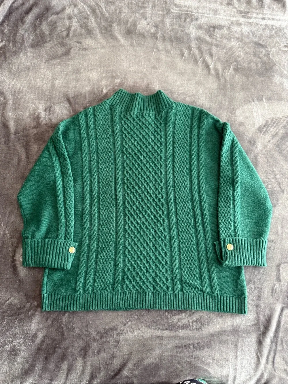Talbots Emerald Green Cable Knit Sweater Size 0X Gold Button Cuff Mock Neck